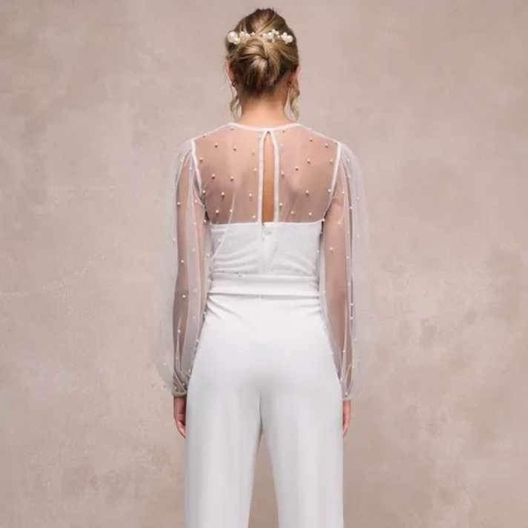 White Mesh Pearl Jumpsuit - Picture 3 of 16